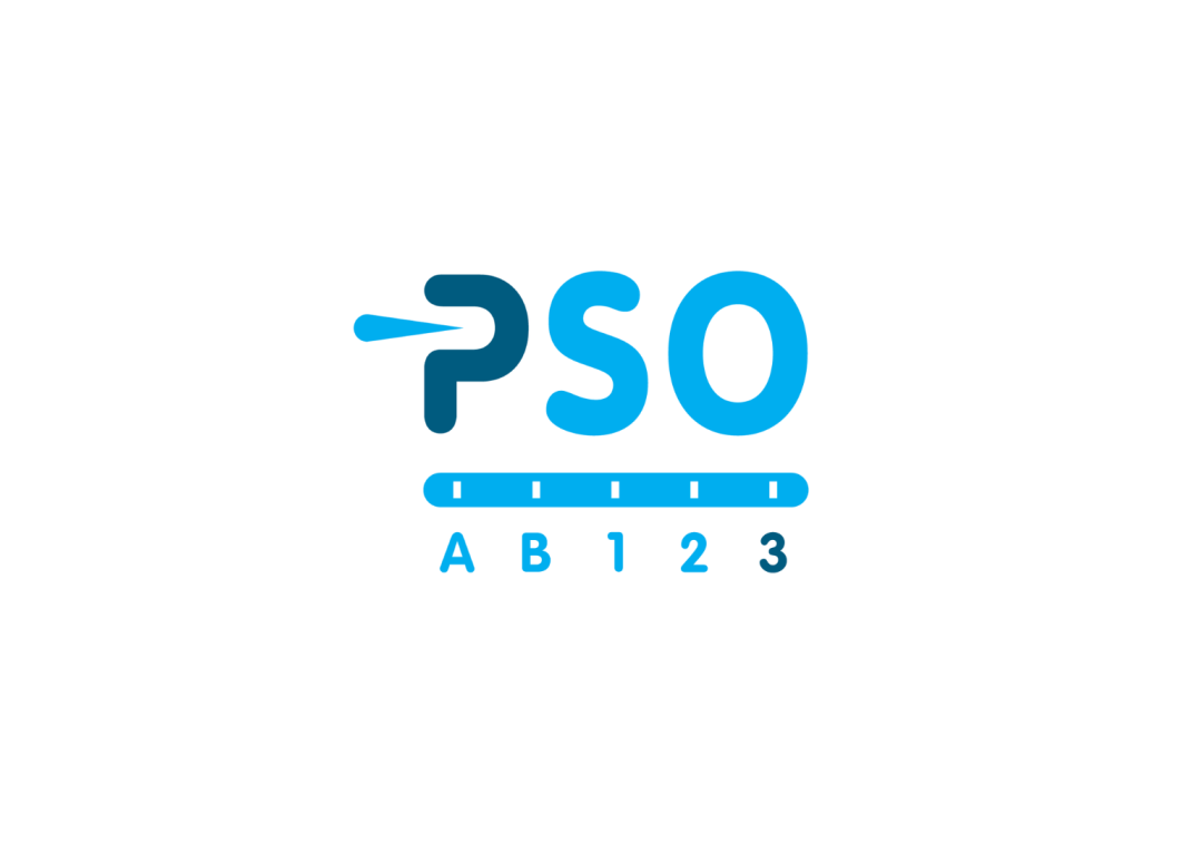 De afbeelding toont het logo van PSO Nederland met "PSO" in blauwe en turquoise letters. Onder het woord PSO staat een horizontale balk met zeven markeringen. Onder deze balk staan de letters "A", "B" en de cijfers "1", "2", "3". Het cijfer "3" is donkerder van kleur.